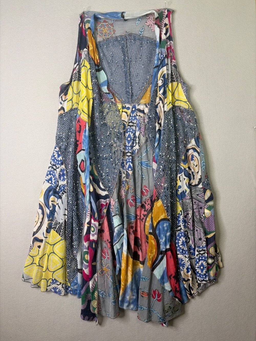 Unbranded Boho Vest Size M/L Flowy Fabric Mixed Patterns Mesh Panel
